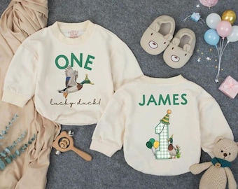 Personalized One Lucky Duck Baby Boy Romper, First Birthday Mallard Outfit