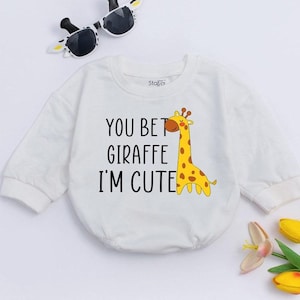 You Bet Giraffe I&#39;m Cute Baby Romper, Funny Animal Clothes, Giraffe Baby Clothes, Baby Shower Gifts, Cute Baby Outfit, Giraffe Romper