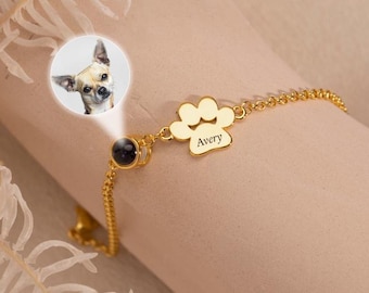 Engraved Paw Print with Photo Bracelet, Pet Projection Bracelet,Personalized Pet Name Bracelet,Christmas Gifts,Memorial Gift for Pet Lover