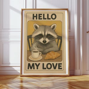 Funny Raccoon Wall Art | Retro Animal Illustration with Coffee & Croissant | Whimsical Pet Lover Gift