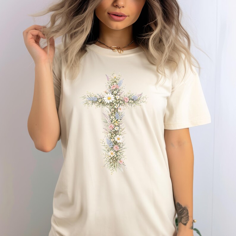 Comfort Colors floral cross shirt featuring a vertical cross of daisies and greenery.