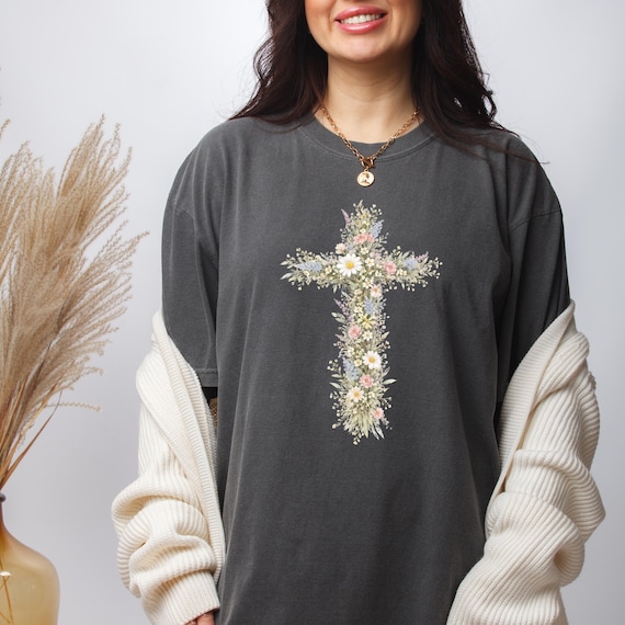 Comfort Colors Floral Cross Shirt, Christian Easter Tee Shirt, Faith Based Flower Tee, Bible Verse Church T-Shirt, Christian Gift for Her