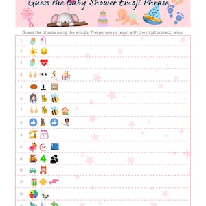 Adivina la frase emoji del baby shower (revelación de género): paquete de juego imprimible en tamaño carta de EE. UU. con 4 páginas.