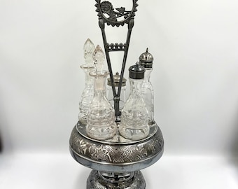Antique Victorian Silverplate Crystal Castor Condiments Cruet Set Butterflies