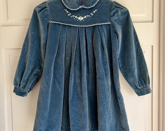 Robe vintage en velours bleu pour fille, taille 6X, broderies, col Claudine, États-Unis