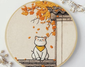 Kit de bordado de gato, kit de bordado para principiantes, bordado de inicio, bordado moderno, bordado estético, kit de manualidades de bricolaje, regalo para amantes de los gatos