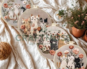 Kit de bordado de gato, kit de bordado para principiantes, bordado de inicio, bordado moderno, bordado estético, kit de manualidades de bricolaje, regalo para amantes de los gatos