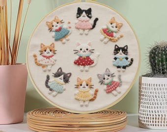 Kit de bordado de gato, kit de bordado para principiantes, bordado de inicio, bordado moderno, bordado estético, kit de manualidades de bricolaje, regalo para amantes de los gatos