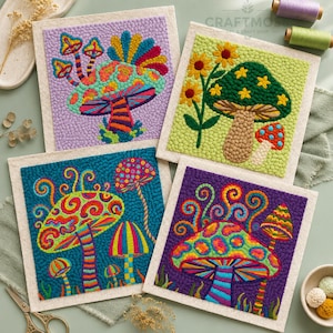 May include: Four square punch needle wall hangings featuring colourful mushroom designs. Each piece displays vibrant, textured patterns with various fungi in shades of purple, green, blue, and yellow, set against contrasting backgrounds on fabric.