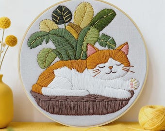 Kit de bordado de gato, kit de bordado para principiantes, bordado de inicio, bordado moderno, bordado estético, kit de manualidades de bricolaje, regalo para amantes de los gatos