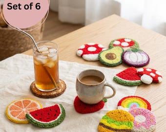 Kit de posavasos con aguja de punzón (6 piezas), kit de posavasos con mechones, kit de aguja de punzón para principiantes, kit de bordado con punzón, regalo para ella