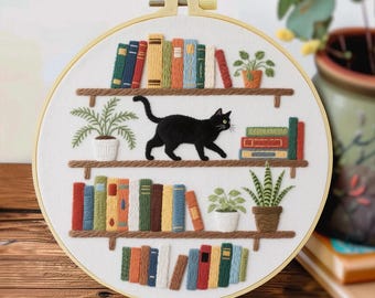 Kit de bordado de gato y estantería, manualidad para principiantes.