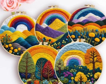 May include: Five round embroidery hoops featuring colorful landscape designs. Each hoop showcases a rainbow, mountains, trees, and flowers in vibrant hues. The hoops are set against a white background, with pink roses in the upper left corner.