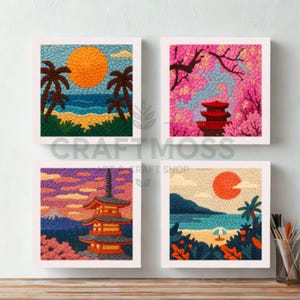 May include: Four framed artworks with textured depictions of Japanese landscapes. Scenes include a sunset over a beach with palm trees, a pagoda with cherry blossoms, and a mountain scene with a pagoda.