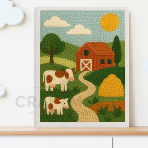 Puede incluir: Obra de arte textil enmarcada que representa una escena de granja. La obra presenta un granero rojo, dos vacas, un camino sinuoso y un sol amarillo. El fondo incluye colinas verdes, árboles y un cielo azul con nubes blancas.