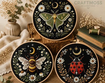 Butterfly Moon Embroidery Kit, Beginner Tarot Craft, Modern DIY Hoop Art, dragonfly ladybug bee pattern