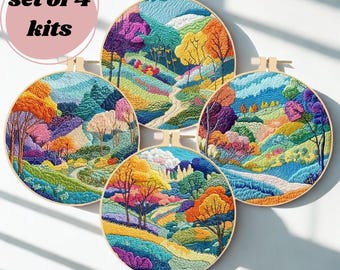 Landscape Embroidery Kit, Beginner DIY Craft, Retro Field Art