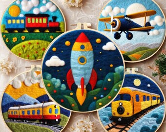 May include: Five colorful felt embroidery hoops featuring transportation themes. Designs include a train, biplane, rocket, and two different trains. Each design is set against a blue or yellow background, with details like clouds, suns, and stars.