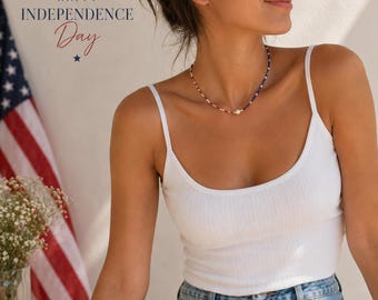 Patriotic Freshwater Pearl Necklace, Red White Blue Beaded Choker, 4th of July Jewelry, Independence Day Necklace, USA Seed Bead Necklace