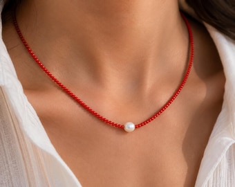 Red Seed Bead Necklace with Freshwater Pearl, Minimalist Beach Necklace, Stainless Steel, Coastal Jewelry, Summer Beaded Choker