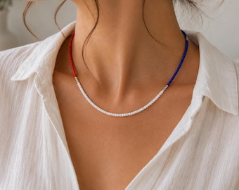 Red White Blue Seed Bead Choker, Minimalist Patriotic USA Summer Necklace