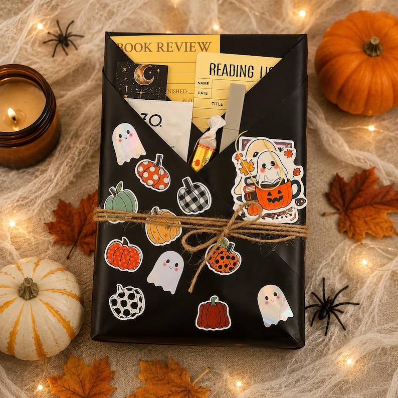 May include: A black envelope-style package decorated with stickers of ghosts and pumpkins, tied with twine. Inside are a yellow book review card, a reading list card, a small candy, and a ghost sticker. The package is surrounded by autumn leaves.
