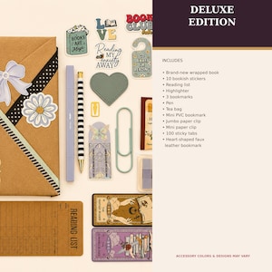 May include: A deluxe edition book set featuring a wrapped book, ten bookish stickers, a reading list, a highlighter, three bookmarks, a pen, a tea bag, a mini PVC bookmark, a jumbo paper clip, a mini paper clip, 100 sticky tabs, and a heart-shaped faux leather bookmark.