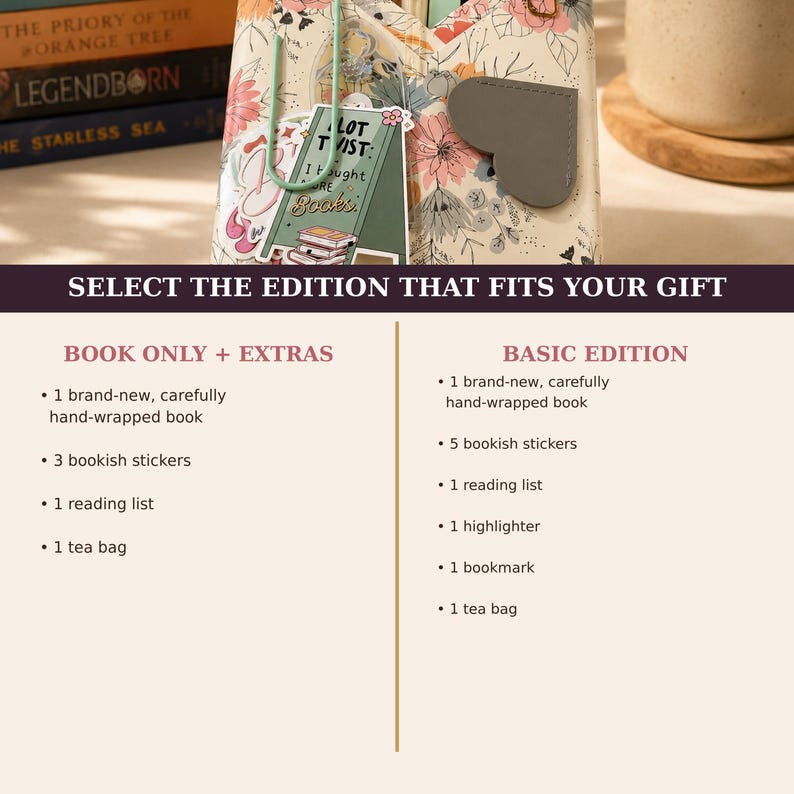 May include: A floral patterned book sleeve with a heart-shaped gray closure, featuring a sticker that reads A PLOT TWIST: I bought more books. Below, a chart compares two gift editions, listing contents like hand-wrapped books, stickers, and tea.