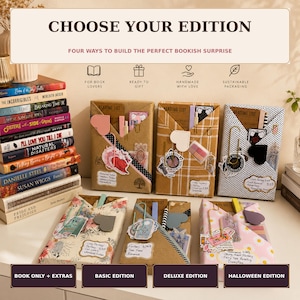 May include: A stack of books next to six gift-wrapped packages labeled with text including CHOOSE YOUR EDITION, BOOK ONLY + EXTRAS, BASIC EDITION, DELUXE EDITION, and HALLOWEEN EDITION. Each package features paper envelopes, paper clips, stickers, and reading lists.