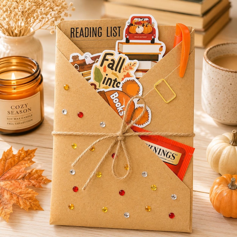 May include: A brown kraft paper envelope labeled READING LIST, decorated with small colorful rhinestones and tied with twine. It contains autumn-themed stickers, a small orange pen, and a Twinings tea bag, creating a cozy seasonal stationery set.