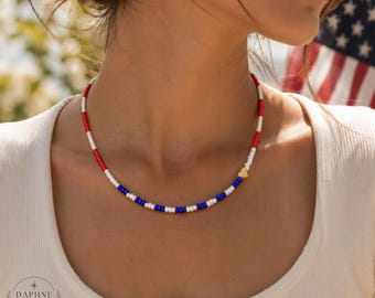 Red White Blue Seed Bead Necklace, Gold Heart Accent, Americana Jewelry