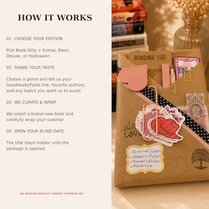 May include: A brown paper-wrapped book package featuring a reading list card, a pink heart-shaped paperclip, and stickers including a cowboy hat. The text HOW IT WORKS outlines four steps for choosing, sharing tastes, curating, and opening a blind date book.