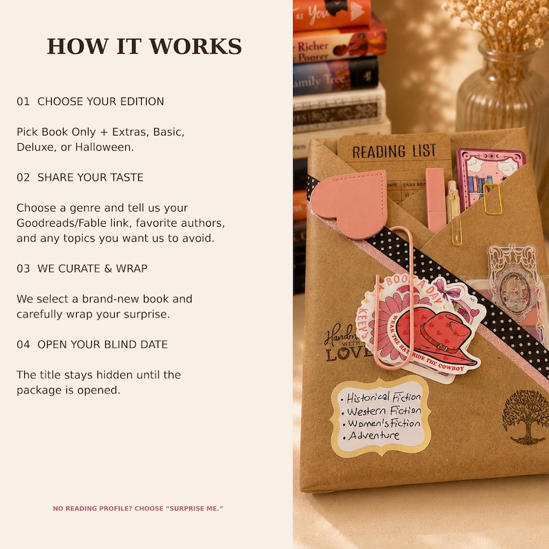 May include: A brown paper-wrapped book package featuring a reading list card, a pink heart-shaped paperclip, and stickers including a cowboy hat. The text HOW IT WORKS outlines four steps for choosing, sharing tastes, curating, and opening a blind date book.