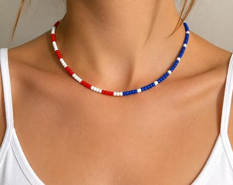 Patriotic Red White Blue Beaded Necklace, USA Flag Inspired Choker, Independence Day Jewelry, 4th of July Necklace, Americana Gift