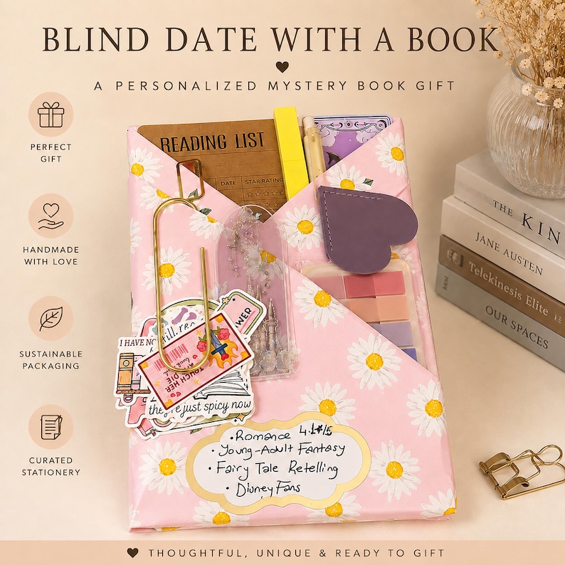 May include: A book wrapped in pink paper with a white daisy pattern, featuring a large gold paperclip, assorted stickers, a reading list, a purple heart-shaped bookmark, and a set of sticky notes. A label lists genres including romance and fantasy.