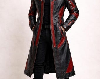 Cyberpunk 2077 Long Trench Leather Coat Black Red Futuristic Coat Streetwear Jacket