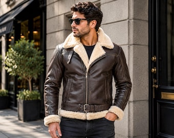 Men’s Real Sheepskin Shearling B3 Bomber Jacket | Genuine Leather Aviator Flight Jacket | Fur Lined Winter Coat