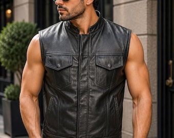 Men’s Genuine Leather Motorcycle Biker Vest | Black Rider Waistcoat | Handmade Classic Riding Vest