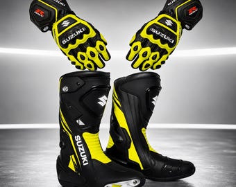 Genuine Leather Biker Boots & Gloves Set | Motorcycle Riding Gear | Racing Protective Kit