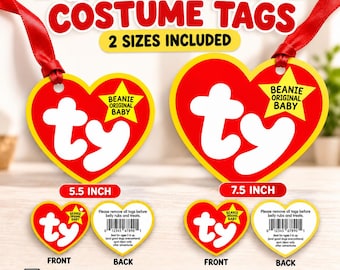 Op de afbeelding: Twee hartvormige kostuumlabels met een rode achtergrond en witte 'ty'-logo's, elk voorzien van een gele ster met de tekst 'BEANIE ORIGINAL BABY'. De labels meten 5,5 en 7,5 inch, inclusief rode linten en voor- en achterkant.