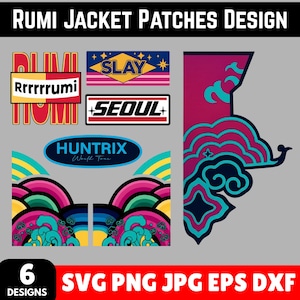 Peut inclure: Présentation de six motifs de patchs pour vestes aux couleurs vives. Les patchs affichent des textes tels que "RUMI", "SLAY" et "SEOUL", ainsi que des éléments graphiques comme des nuages et des vagues. L'image indique également les types de fichiers : SVG, PNG, JPG, EPS et DXF.