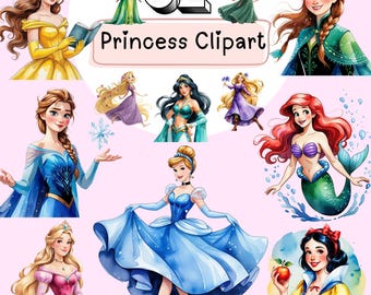 Aquarell Prinzessin Clipart Bundle, Märchen PNG JPG (Digital Download)