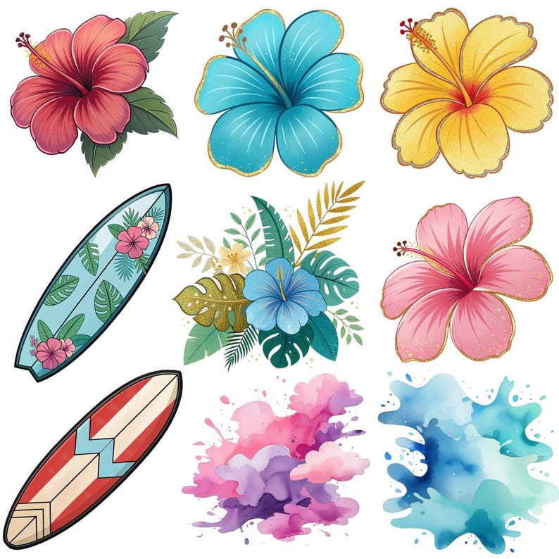 May include: A collection of watercolor illustrations featuring tropical elements. Includes hibiscus flowers in red, blue, and yellow, two surfboards, and abstract watercolor splashes in pink and blue. Also includes a floral arrangement.