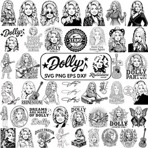 May include: A collection of black and white digital illustrations featuring Dolly Parton in various poses, including playing guitars and banjos, with text elements like Dolly, Country Music, and Dolly Parton's Stamp of Approval, provided in SVG, PNG, EPS, and DXF formats.