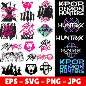 May include: A selection of digital graphics with the text "Saja Boys" and "K-Pop Demon Hunters". The designs include silhouettes, lion heads, and geometric shapes, in pink, black, and white. File formats include EPS, SVG, PNG, and JPG.