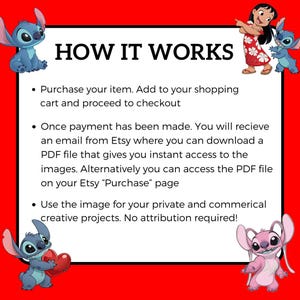 May include: A red and white graphic with the text "HOW IT WORKS" and instructions for purchasing digital items on Etsy. The image features cartoon characters from the Disney movie Lilo & Stitch.