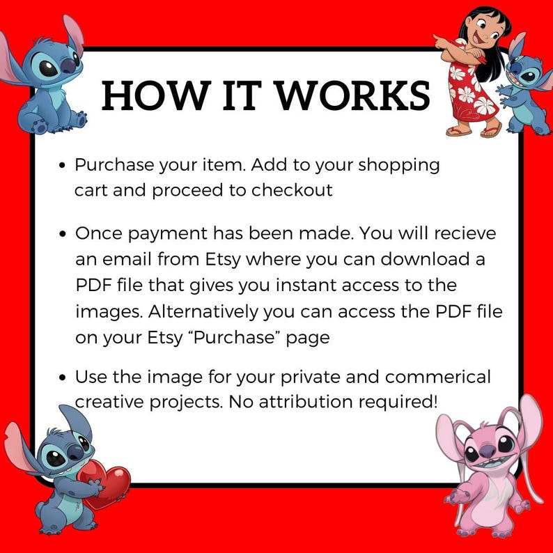 May include: A red and white graphic with the text "HOW IT WORKS" and instructions for purchasing digital items on Etsy. The image features cartoon characters from the Disney movie Lilo & Stitch.