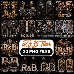 May include: A collection of twenty digital graphic designs featuring portraits of Usher and Chris Brown with gold and silver typography. The text includes R&B Tour 2026, Usher Raymond, and Chris Brown, presented in various ornate, metallic, and diamond-encrusted styles.