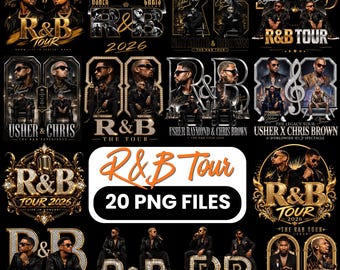 May include: A collection of twenty digital graphic designs featuring portraits of Usher and Chris Brown with gold and silver typography. The text includes R&B Tour 2026, Usher Raymond, and Chris Brown, presented in various ornate, metallic, and diamond-encrusted styles.