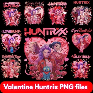 May include: A collection of Valentine's Day-themed digital art featuring the text "HUNTRIX" and illustrations of women in various poses. The designs incorporate hearts, roses, and a blue cat character. The bottom banner reads "Valentine Huntrix PNG files."